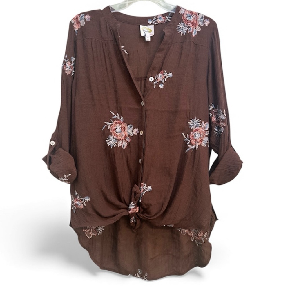 Fig & Flower Brown Embroidered Button Down Shirt Tie Front Boho Cottagecore M